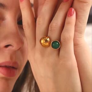 18k Gold Plated Chunky Emerald Cabochon Ball Ring